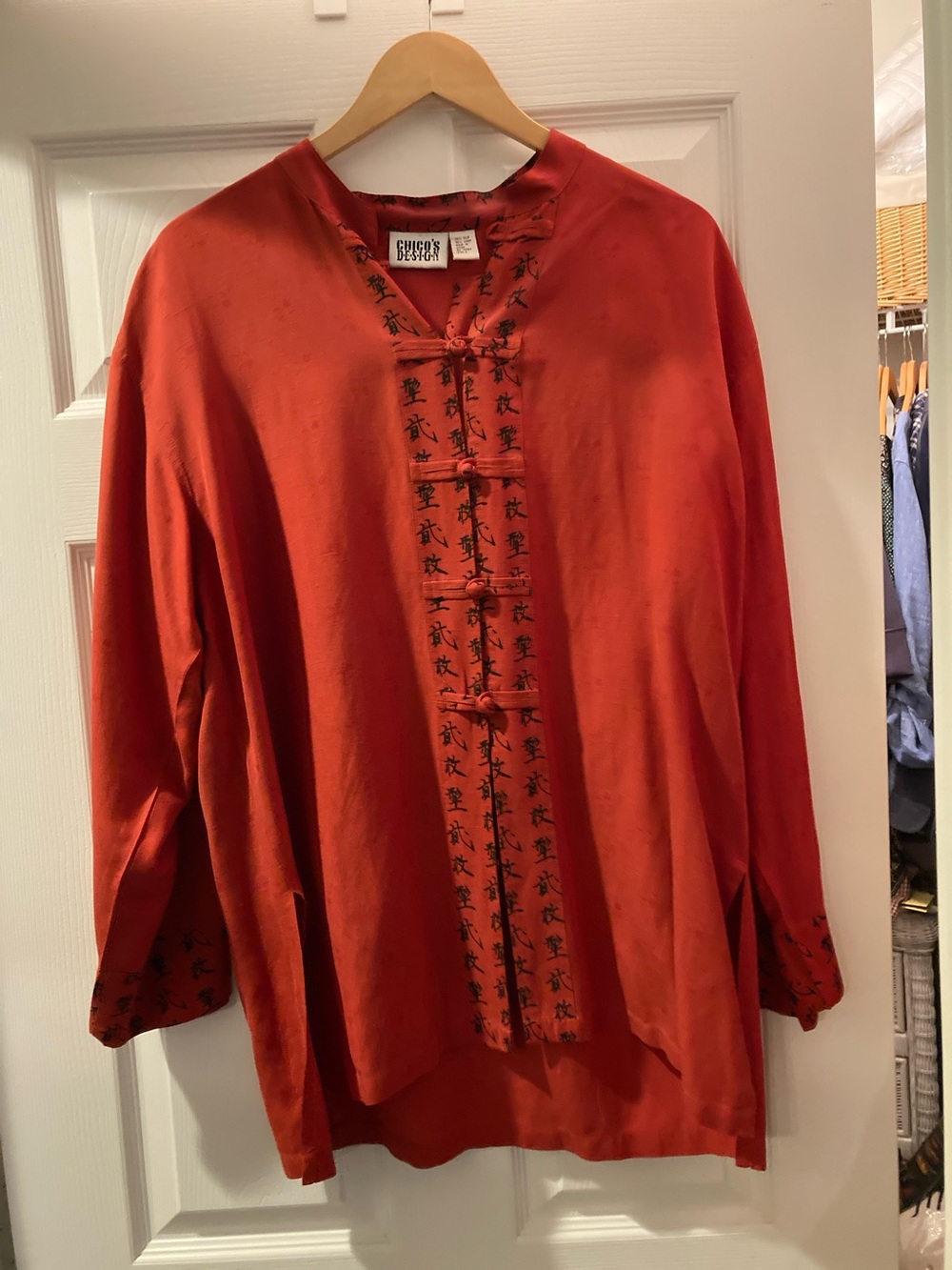 Chico's Red Mandarin-Style Tunic with Black Script Trim